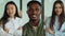 Vertical multiscreen on happy multiethnic male and female employees at work. Close up portrait of workers smiling at