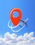 Vertical nature background with aircraft and location pin sign in the sky. Love concept for traveling the world