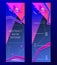 Vertical neon blue pink banners. Triangle design elements, thin icons. Abstract background