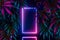 Vertical Neon Frame With Pink Light on Tropical Leaves Background. 3D rendering. Empty space. Copy space