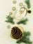 Vertical New Year`s knitted background. a large cedar cone, a burning candle in a candlestick, decorative wooden snowflakes and