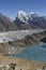 A vertical panorama of Cholatse and Taboche - two 6000m++ peaks, Ngozumpa glacier, the lodges of Gokyo and the biggest lake of Gok