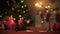 Vertical panorama of Christmas decorations and bright twinkling lights on tree