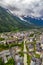 Vertical panorama landscape of Chamonix villages under alpine mountains