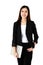 Vertical photo or Asian young long businesswoman lawyer wears black formal suit white inner shirt stand confidently look at camera