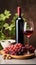 Vertical photo of bunch of grapes, glass and bottle of wine
