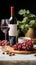 Vertical photo of bunch of grapes, glass and bottle of wine