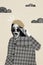 Vertical photo collage of astonished shocked girl wear casual beret coat cold weather bad clouds autumn isolated on