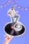Vertical photo collage of young overjoyed winner funny guy weekend relax have fun dance retro vinyl record disco ball