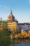 Vertical photo of covered bridge and Pavia cathedral at sunny day