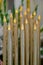 Vertical photo of a group of artificial plastic candles with bulbs simulating flames with the first being in selective