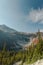 Vertical Photo of lush high mountain altitude massive conifer trees off trail with alpine lake below in the North Cascades