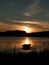 Vertical photo of silhouette of a fishing boat in reeds