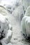 Vertical photo of small waterfalls cascading into narrow river with banks covered in snow and icicle