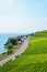 Vertical photography of green vineyards on slope by beautiful Lake Geneva, Switzerland. Village Rivaz in background. Famous Lavaux