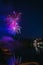 Vertical picture of colorful fireworks above the sea surrounded by buildings and lights in the night