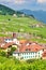 Vertical picture of picturesque village Rivaz located on slopes by Geneva Lake, Switzerland. Swiss summer. Lavaux wine region,