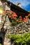 Vertical picture of scenic traditional provencal stone medieval wall with red flowers and blue sky above in Menerbes, one of most