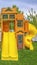 Vertical Playground on a backyard with view of homes and cloudy sky beyond the fence