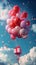 Vertical portrait of balloons carrying gift package box with ribbon flying in the sky