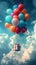 Vertical portrait of balloons carrying gift package box with ribbon flying in the sky