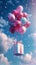 Vertical portrait of balloons carrying gift package box with ribbon flying in the sky