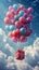 Vertical portrait of balloons carrying gift package box with ribbon flying in the sky