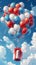 Vertical portrait of balloons with present birthday box flying