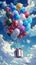 Vertical portrait of balloons with present birthday box flying