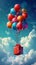 Vertical portrait of balloons with present birthday box flying