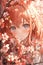 vertical portrait of a beautiful anime girl with red hair with blooming pink sakura cherry blossom