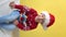 Vertical Portrait Emotion Cute Cheerful Funny Preschool Baby Boy Laughing Fooling Around In Santa Hat Looking On Camera