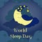 Vertical postcard World Sleep Day.The cartoon moon in a nightcap sleeps on the clouds in the night sky. Flat design vector