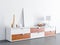 Vertical poster canvas mockup standing on bureau with several vases and lamp