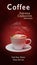 Vertical poster with a cup of hot coffee on a red background
