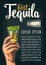 Vertical poster with hand holding glass. Best Tequila lettering