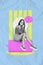 Vertical poster picture brochure image pinup pop collage of positive happy lady waiting answer  on blue drawing