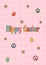 Vertical poster with quote Hippy Easter, eggs, daisies, peace on pink square background.