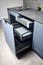 Vertical pull out rack cabinet drawer. Flush up slip handle finger pull handle of drawers for dishes, compact high