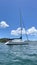 Vertical recreational sailing boat on ocean with mountain, blue sky and clouds in Hong Kong