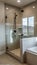 Vertical Rectangular walk in shower stall with half glass enclosure and black shower head