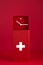 Vertical Red Swiss clock on red background