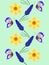 Vertical seamless pattern with hyacinths of muscarinic blue grapes and daffodils with butterflies.