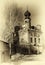 Vertical sepia vintage Russian orthodox abandoned church backgro