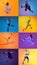 Vertical set of images of different professional athlete, fit people in action, motion isolated on multicolor background