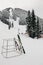 Vertical shot of 2-pairs of ski on metal stand on a mountain slope and the forest covered in snow