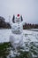 Vertical shot of an adorable snowman on the snowy ground in front of the  Holsten Gate in Lubeck