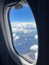 Vertical shot from an airplane window of a landscape of rough mountains