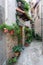 Vertical shot of an alley of old buildings decorated with flowers in Garganta la Olla, Spain