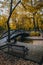 Vertical shot of autumn in a beautiful park with bench, bridge, and river in Niska Banja, Serbia